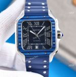 NEW! Cartier Santos de Blue Pvd Bezel Rubber Strap Watch